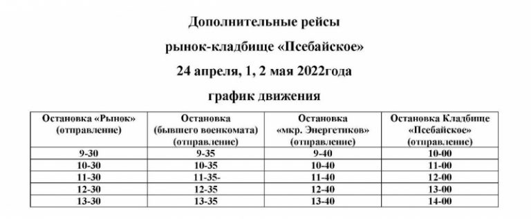 Будут организованы дополнительные рейсы общественного транспотра по маршруту рынок-кладбище «Псебайское»